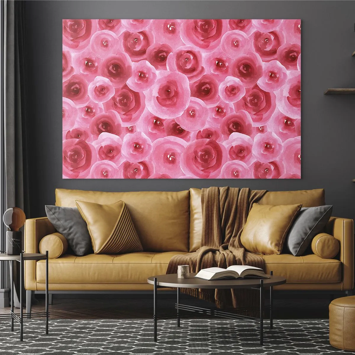 Glasbild - Bild auf glas - Aquarell-Rosenmuster in Rot- und Rosatönen - 70x50cm - Oben und unten Rosen - Moderne Wanddekoration für Wohnzimmer und Schlafzimmer ARTTOR