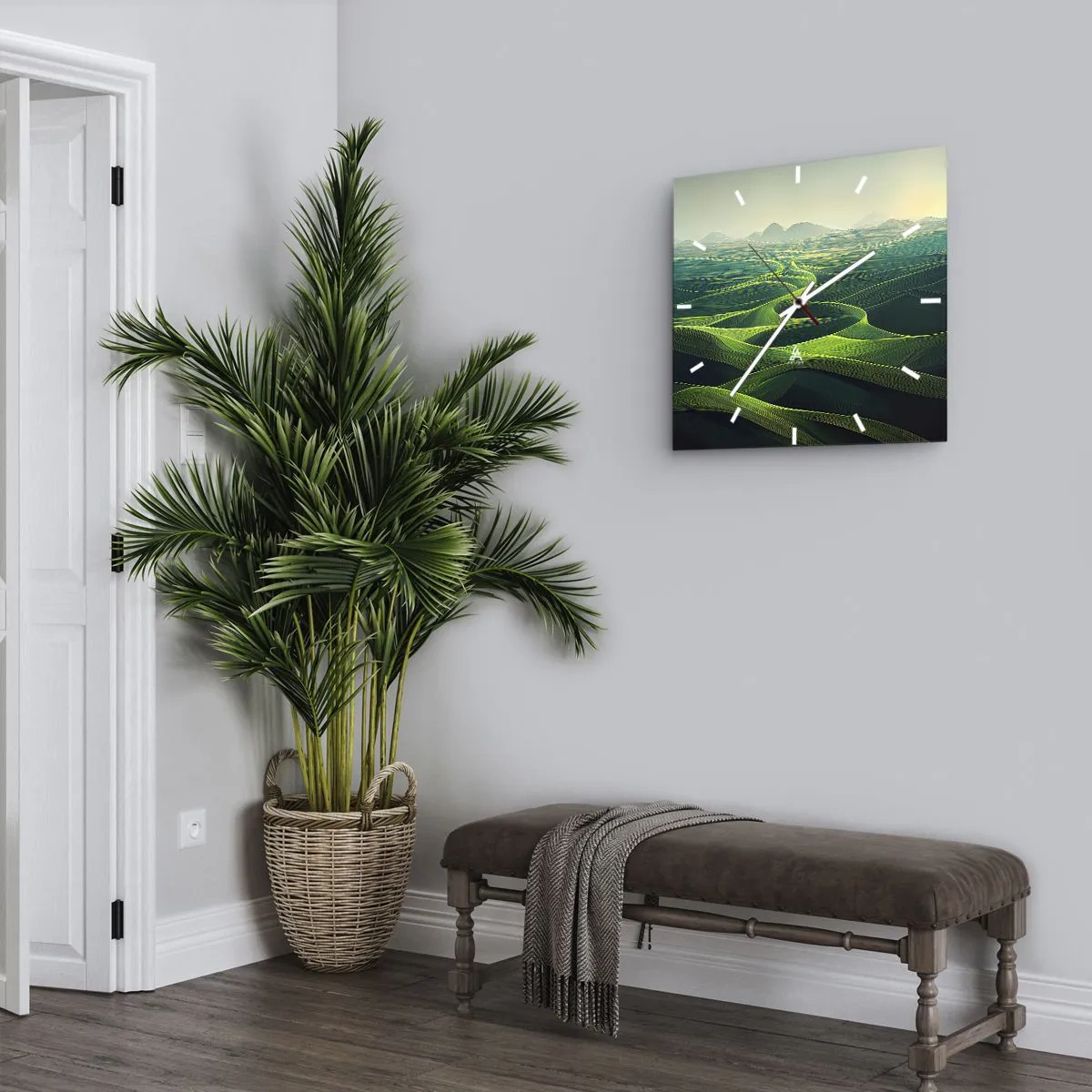 Wanduhr - Glasuhr - Grüne Hügel mit sanften Pfaden - 30x30cm - In den grünen Tälern - Moderne Wanddekoration für Wohnzimmer und Schlafzimmer ARTTOR