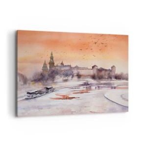 Bild auf Leinwand - Leinwandbild - Sonnenuntergang über dem Schloss in einer Winterlandschaft - 120x80cm - Königlicher Sonnenuntergang - Moderne Wanddekoration für Wohnzimmer und Schlafzimmer ARTTOR