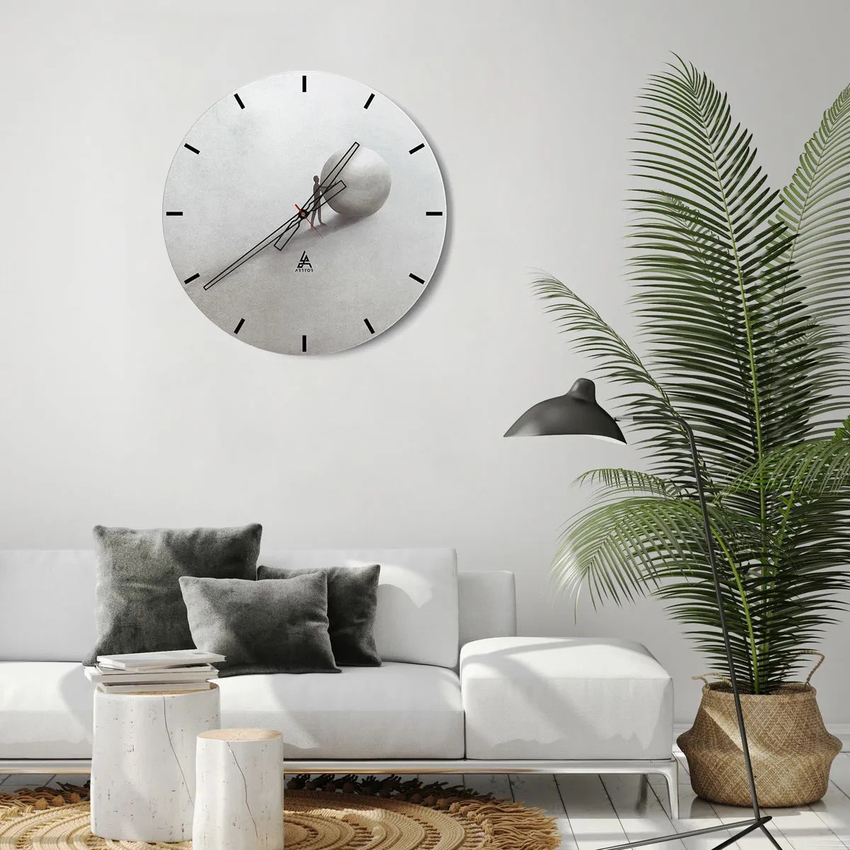 Wanduhr - Glasuhr - In einer symbolischen Szene schiebt eine Figur einen Ball über einen hellen Wüstenhintergrund. - 30x30cm - Das Spiel des Lebens - Moderne Wanddekoration für Wohnzimmer, Küche und Schlafzimmer ARTTOR