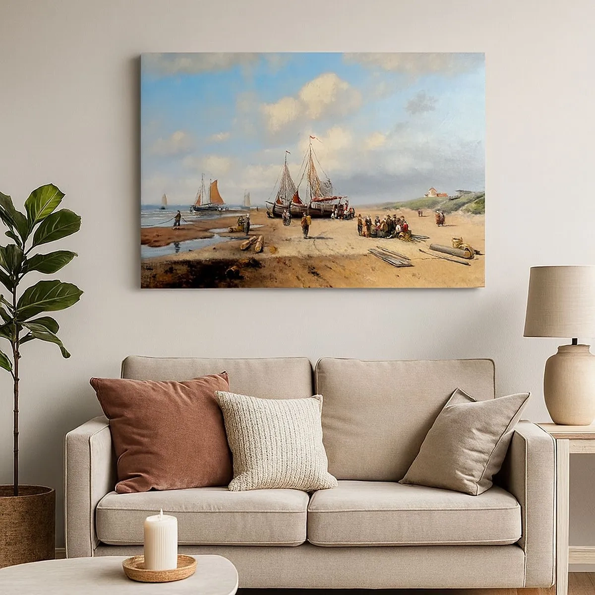 Bild auf Leinwand - Leinwandbild - Fischerboote am Strand mit menschlichen Figuren - 70x50cm - Nach einem erfolgreichen Fischfang - Moderne Wanddekoration für Wohnzimmer und Schlafzimmer ARTTOR