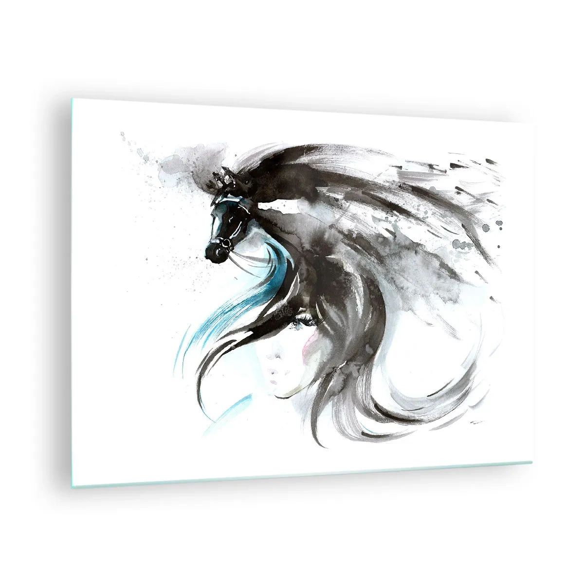 Glasbild - Bild auf glas - Porträt einer Frau und eines Pferdes in einer künstlerischen, dynamischen Komposition - 70x50cm - Schwarzer Prinz Galopp - Moderne Wanddekoration für Wohnzimmer und Schlafzimmer ARTTOR