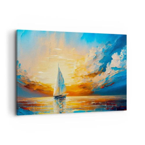 Bild auf Leinwand - Leinwandbild - Ein Segelboot vor der Kulisse der untergehenden Sonne und bunten Wolken - 100x70cm - In Gold segeln - Moderne Wanddekoration für Wohnzimmer und Schlafzimmer ARTTOR