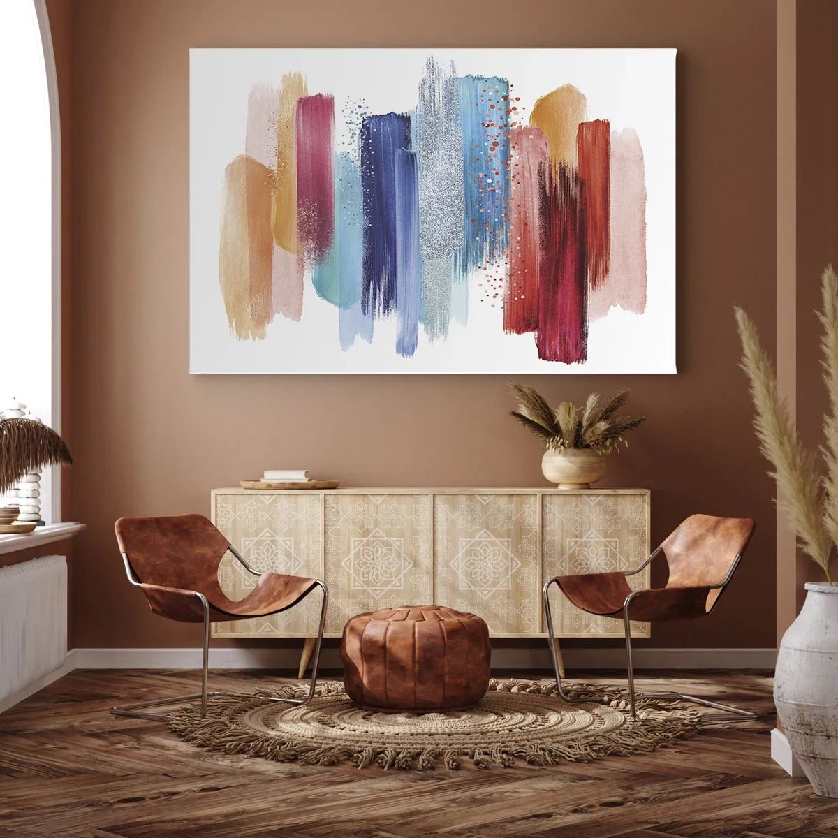 Bild auf Leinwand - Leinwandbild - Bunte Pinselstriche auf weißem Hintergrund - 100x70cm - Auf und ab - Moderne Wanddekoration für Wohnzimmer und Schlafzimmer ARTTOR