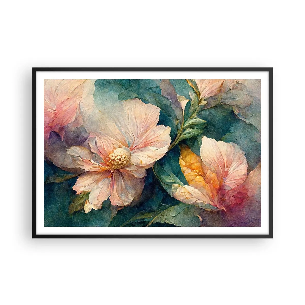 Poster in einem schwarzem Rahmen - Zarte Blüten in Pastellfarben - 100x70cm - Pure Subtilität - Moderne Wanddekoration für Wohnzimmer und Schlafzimmer ARTTOR