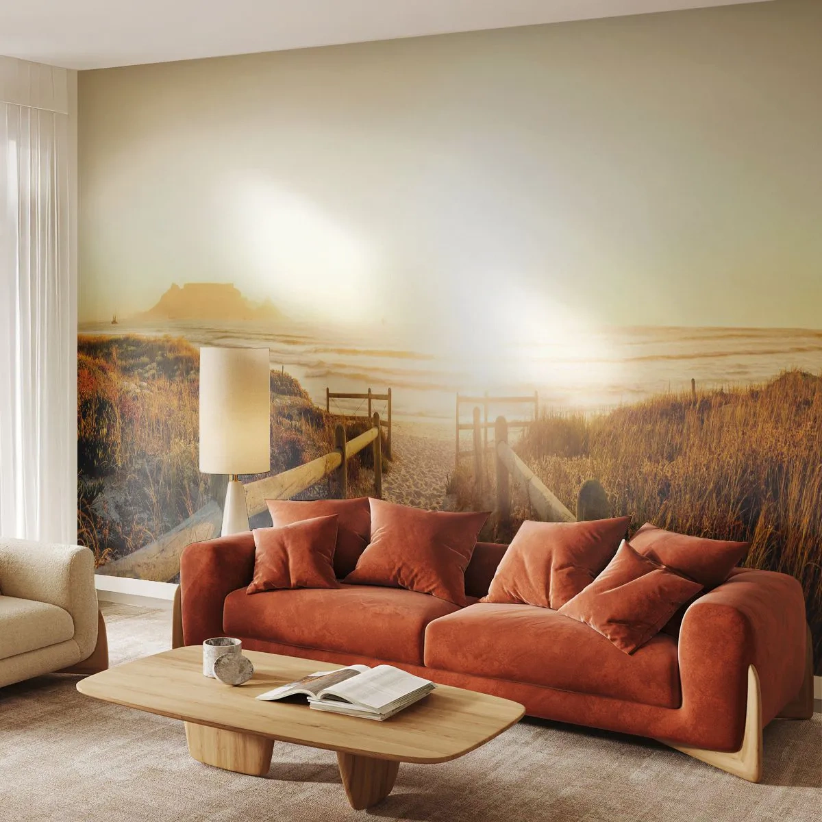 Selbstklebende Fototapete Deluxe Sticker - Über die Düne, der Sonne entgegen - Landschaft, Strand, Sonnenuntergang - 450x315 cm