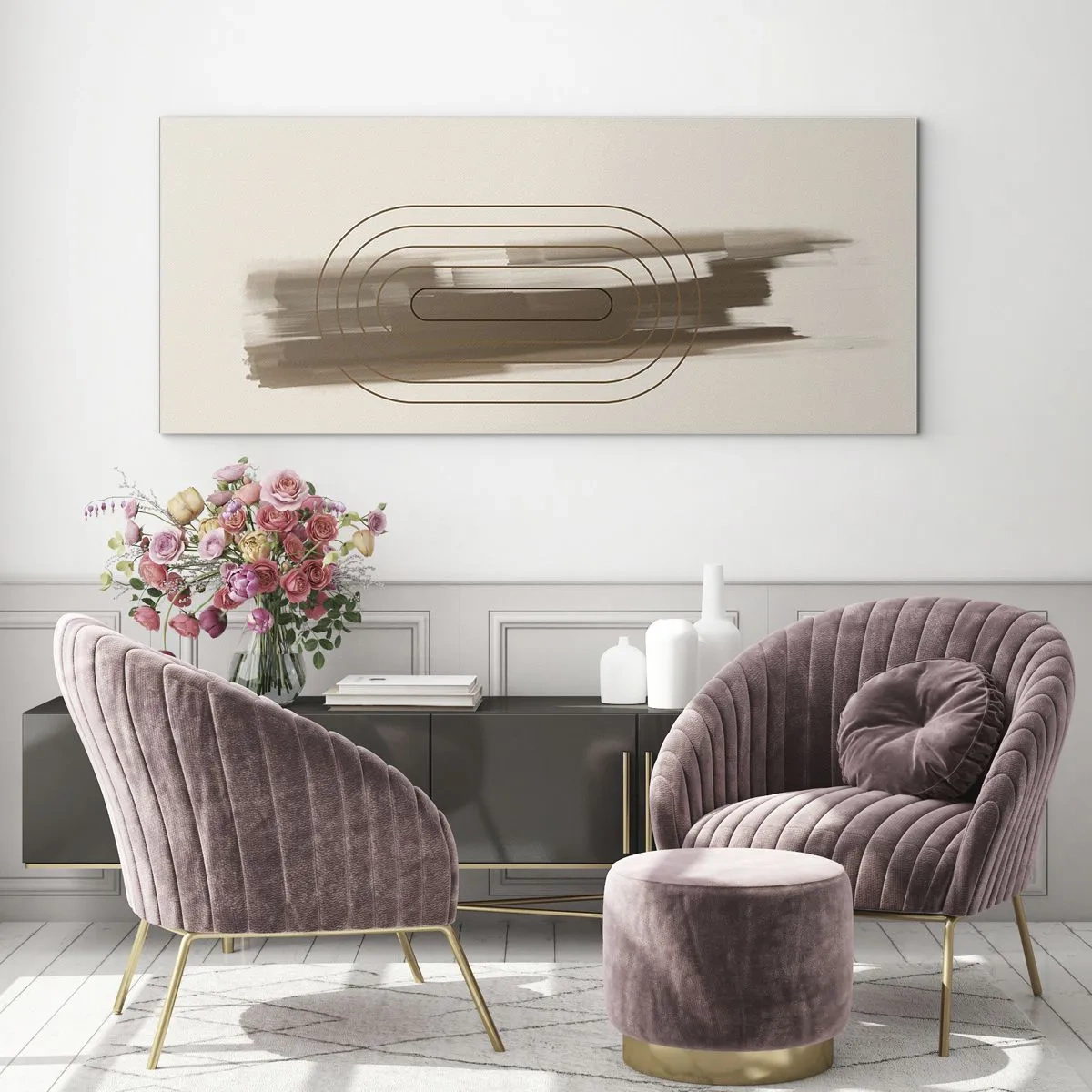 Glasbild - Bild auf glas - Eine minimalistische Komposition in Beige- und Grautönen mit geometrischem Muster - 120x50cm - Ein Hauch von Grau - Moderne Wanddekoration für Wohnzimmer und Schlafzimmer ARTTOR