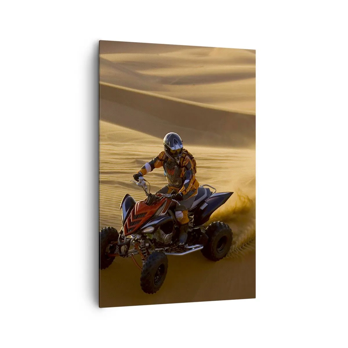 Bild auf Leinwand - Leinwandbild - Ein Motorradfahrer auf einem Quad rast über die Sanddünen der Wüste - 80x120cm - Auf den Sandwellen - Moderne Wanddekoration für Wohnzimmer und Schlafzimmer ARTTOR