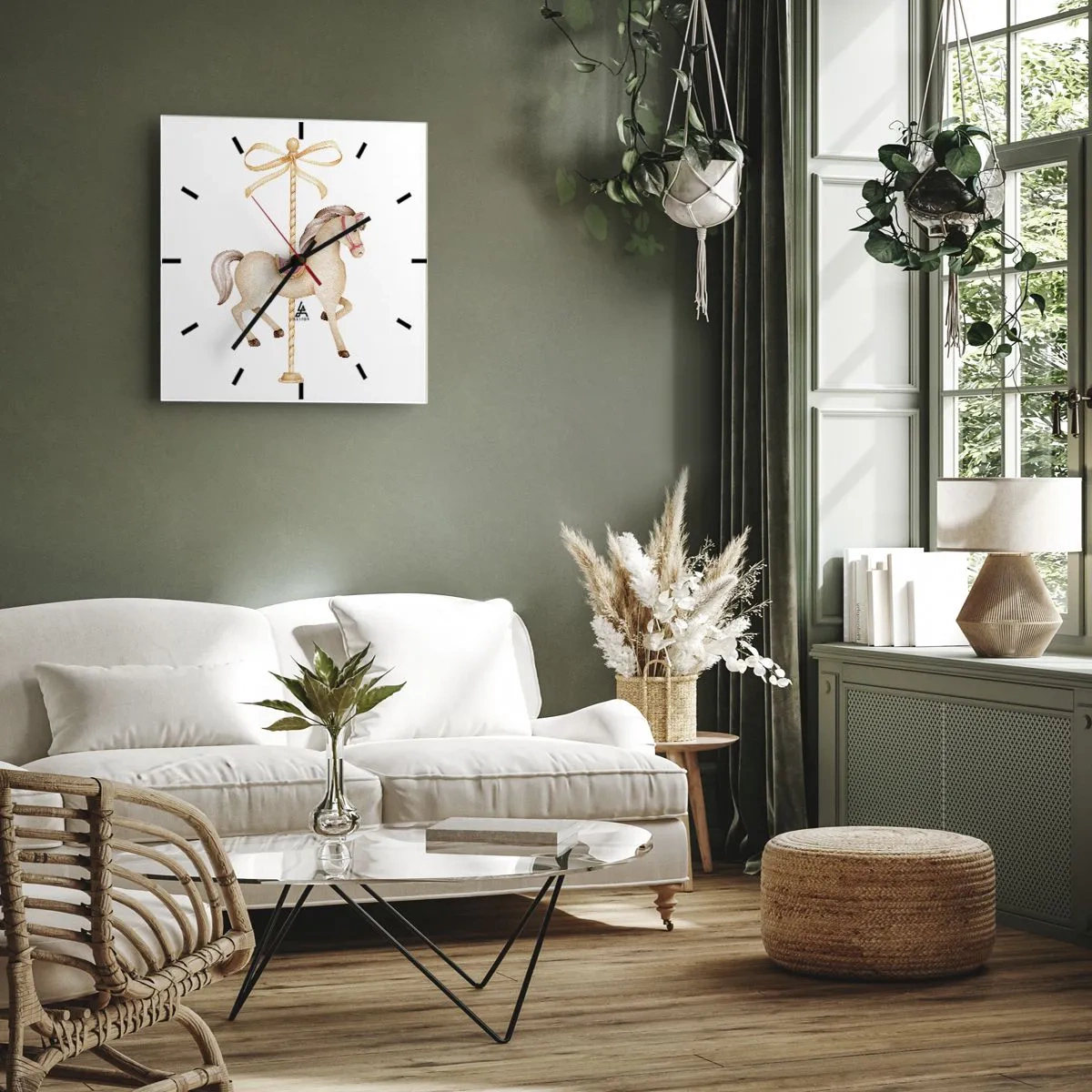 Wanduhr - Glasuhr - Ein Karussellpferd mit Schleife in zarten Pastelltönen - 30x30cm - Anmutiger Trab - Moderne Wanddekoration für Wohnzimmer und Schlafzimmer ARTTOR