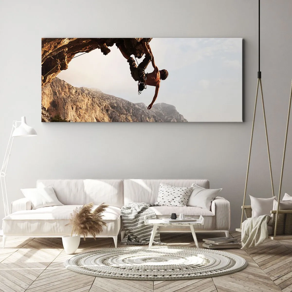 Bild auf Leinwand - Leinwandbild - Die Welt ist in einer Hand auf einem Felsblock geschrumpft - 90x30 cm