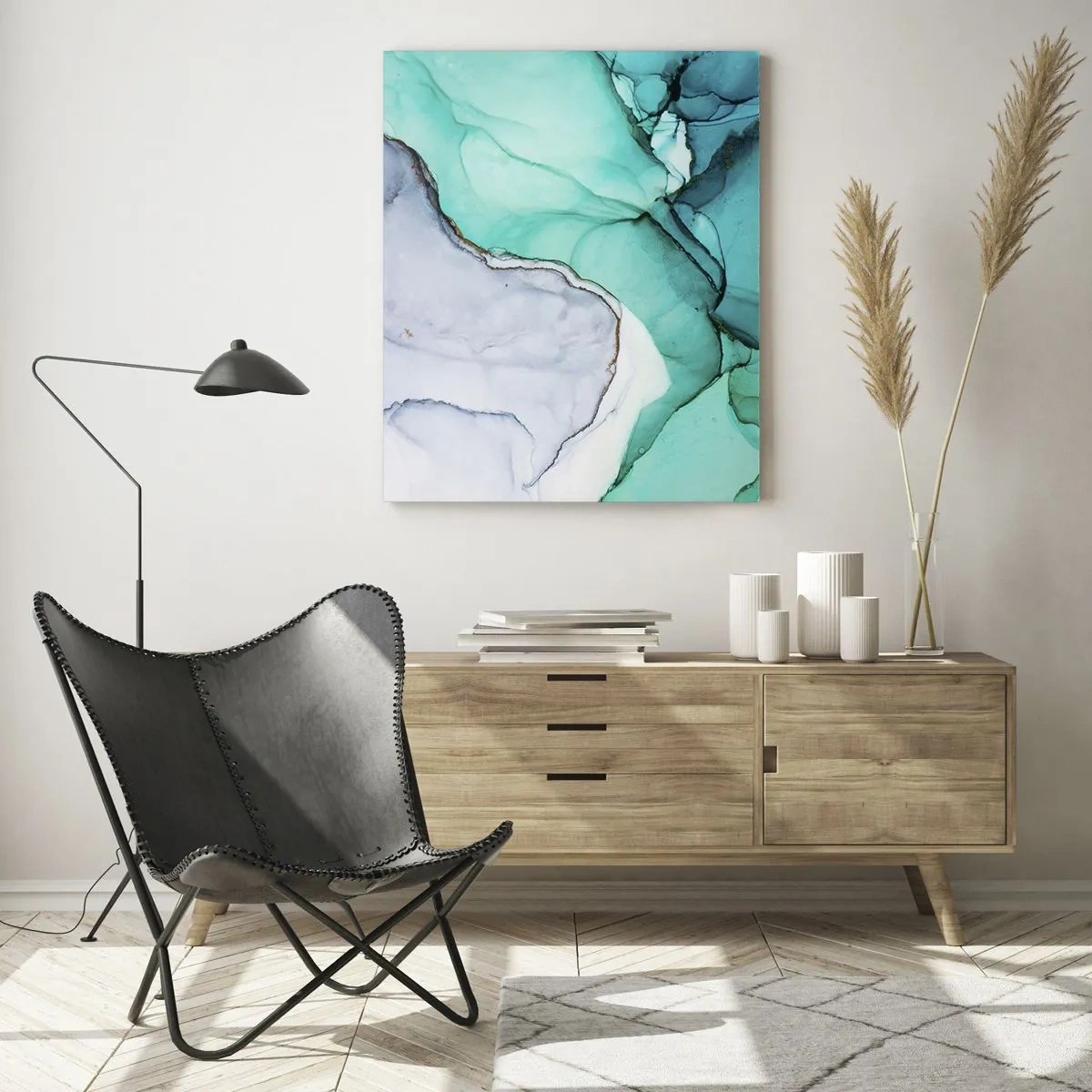Glasbild - Bild auf glas - Ein abstraktes Gemälde in Türkis- und Weißtönen mit zarten Rissen. - 50x70cm - Eine Studie in Türkis - Moderne Wanddekoration für Wohnzimmer und Schlafzimmer ARTTOR