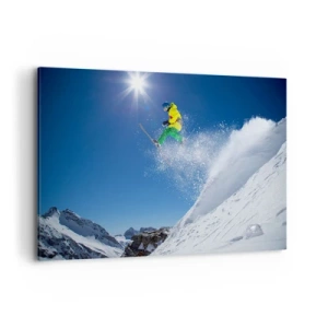 Bild auf Leinwand - Leinwandbild - Skifahrer in der Luft mit Bergen im Hintergrund - 120x80cm - Tanzen mit den Bergen - Moderne Wanddekoration für Wohnzimmer und Schlafzimmer ARTTOR