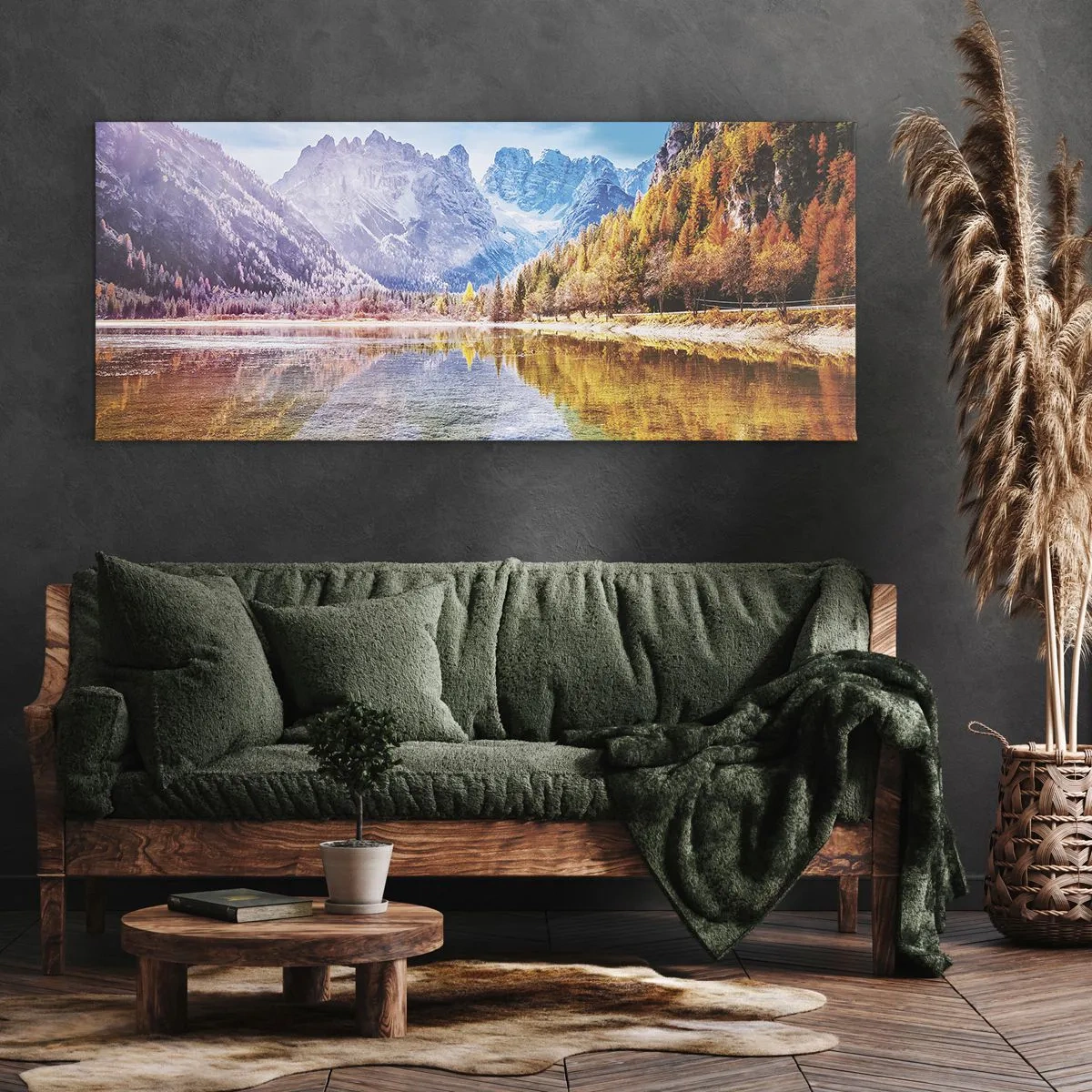 Bild auf Leinwand - Leinwandbild - Herbstliche Berglandschaft mit See - 160x50cm - Und in den Bergen ist es schon Herbst - Moderne Wanddekoration für Wohnzimmer und Schlafzimmer ARTTOR