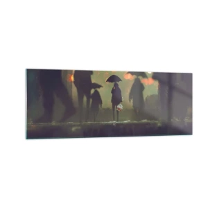 Glasbild - Bild auf glas - Eine Figur mit einem Regenschirm an einem regnerischen Abend zwischen den Lichtern der Stadt - 140x50cm - Aus der Perspektive eines Regentropfens - Moderne Wanddekoration für Wohnzimmer und Schlafzimmer ARTTOR