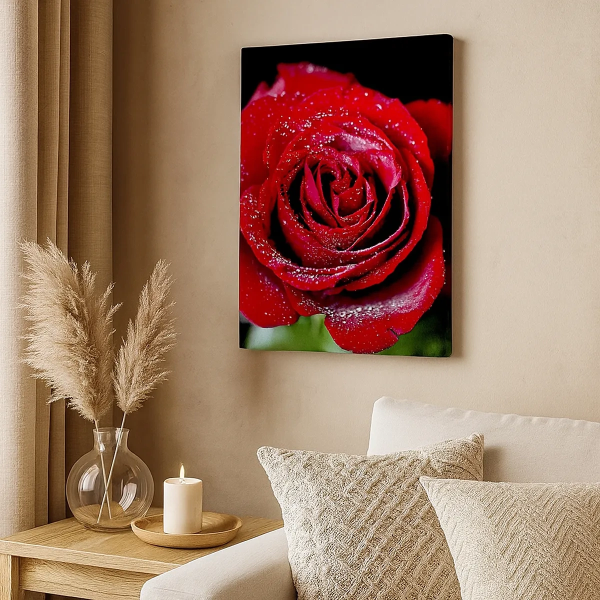 Bild auf Leinwand - Leinwandbild - Eine rote Rose mit Tautropfen auf schwarzem Hintergrund. - 50x70cm - Das ist Liebe - Moderne Wanddekoration für Wohnzimmer und Schlafzimmer ARTTOR