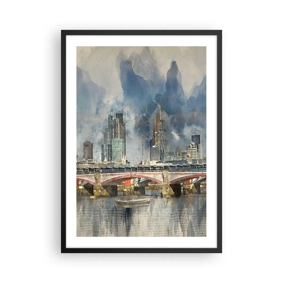 Poster in einem schwarzem Rahmen - Stadtlandschaft mit einer Brücke und Wolkenkratzern im Hintergrund - 50x70cm - London in seiner ganzen Pracht - Moderne Wanddekoration für Wohnzimmer und Schlafzimmer ARTTOR