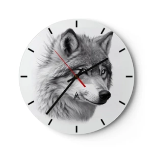 Wanduhr - Glasuhr - Ein Schwarz-Weiß-Porträt eines Wolfes mit durchdringendem Blick. - 30x30cm - Alpha – ohne Zweifel - Moderne Wanddekoration für Wohnzimmer, Küche und Schlafzimmer ARTTOR