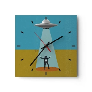 Wanduhr - Glasuhr - Ein Mann im Licht eines UFOs vor dem Hintergrund einer farbenfrohen Landschaft - 30x30cm - Nahe Begegnung - Moderne Wanddekoration für Wohnzimmer und Schlafzimmer ARTTOR
