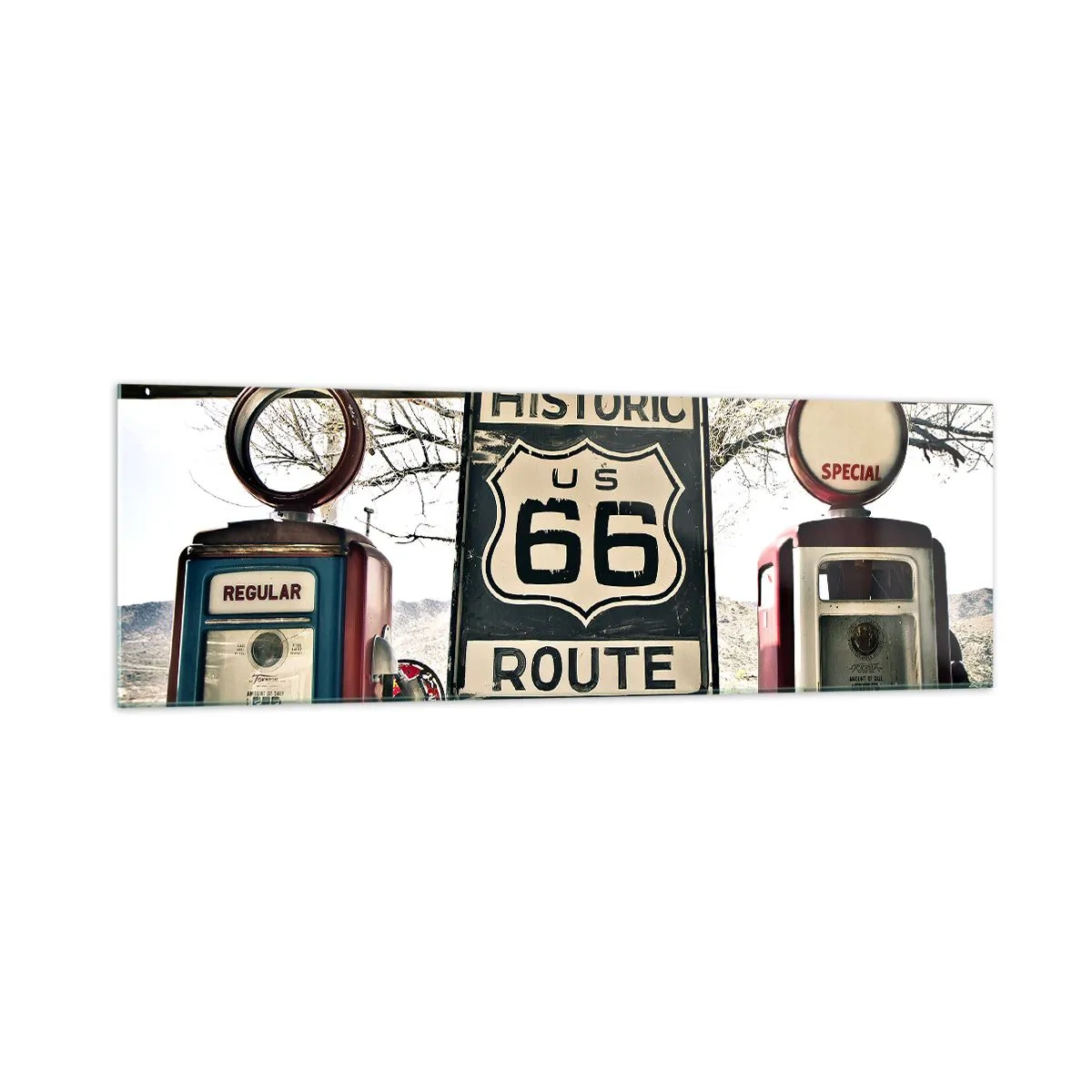 Glasbild - Bild auf glas - Historische Tankstelle an der Route 66 - 160x50cm - Amerikanische Retro-Reise - Moderne Wanddekoration für Wohnzimmer und Schlafzimmer ARTTOR