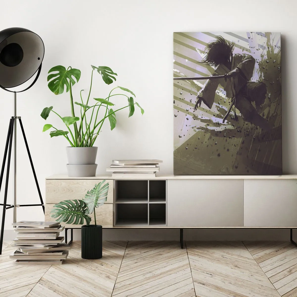 Bild auf Leinwand - Leinwandbild - Dynamischer Kampf zwischen zwei Charakteren im futuristischen Stil - 70x100cm - Und du kannst ein Samurai sein - Moderne Wanddekoration für Wohnzimmer und Schlafzimmer ARTTOR