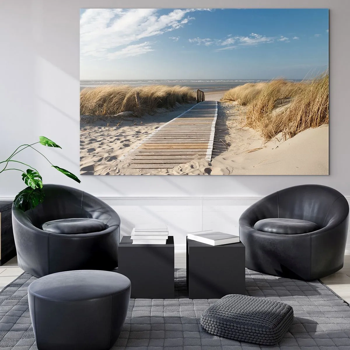 Glasbild - Bild auf glas - Holzweg durch die Dünen zum Strand - 70x50cm - Hinter der Düne, im Rauschen des Grases - Moderne Wanddekoration für Wohnzimmer und Schlafzimmer ARTTOR