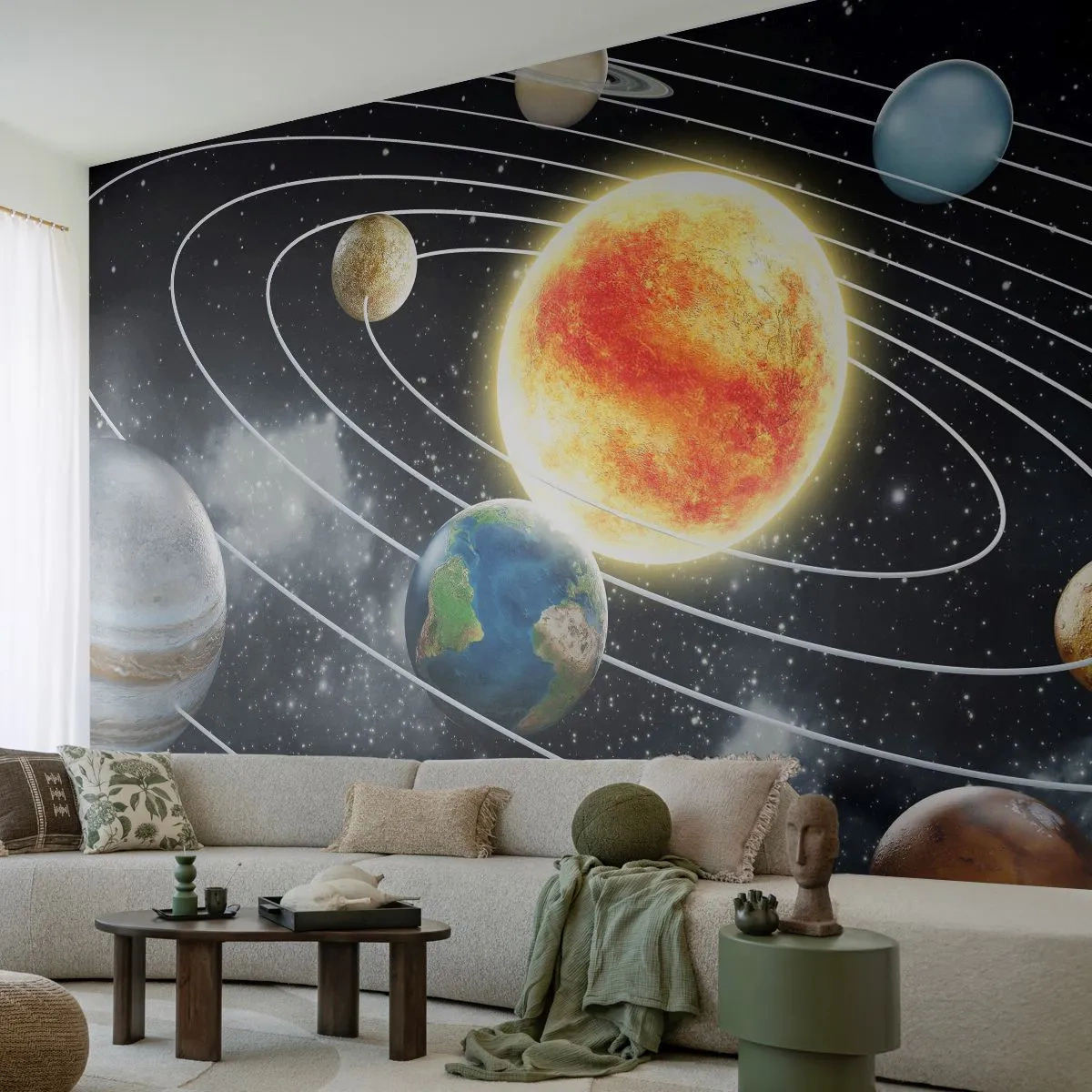 Fototapete Premium Sand - Das Sonnensystem im Weltraum - 100x70cm - Kosmischer Tanz - Moderne Wanddekoration für Wohnzimmer und Schlafzimmer ARTTOR