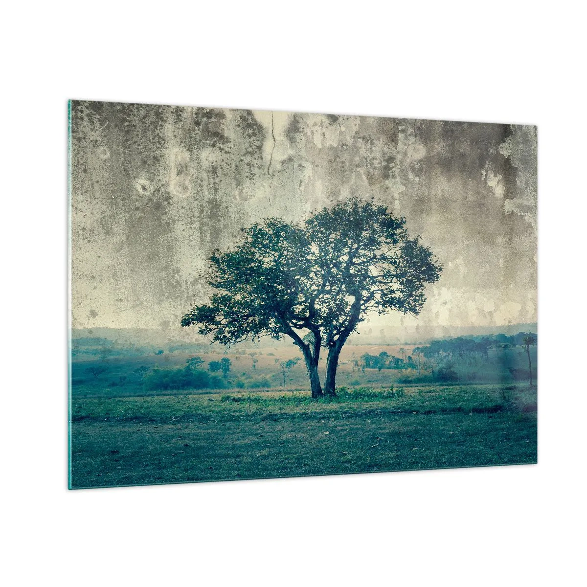 Glasbild - Bild auf glas - Ein einsamer Baum in einer Vintage-Landschaft - 100x70cm - Ein Apfelbaum auf blauem Feld? - Moderne Wanddekoration für Wohnzimmer und Schlafzimmer ARTTOR