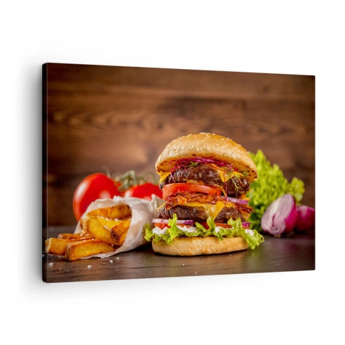 Bild auf Leinwand - Leinwandbild - Appetitlicher Burger mit Extras - 70x50cm - Die verbotene Frucht - Moderne Wanddekoration für Wohnzimmer und Schlafzimmer ARTTOR