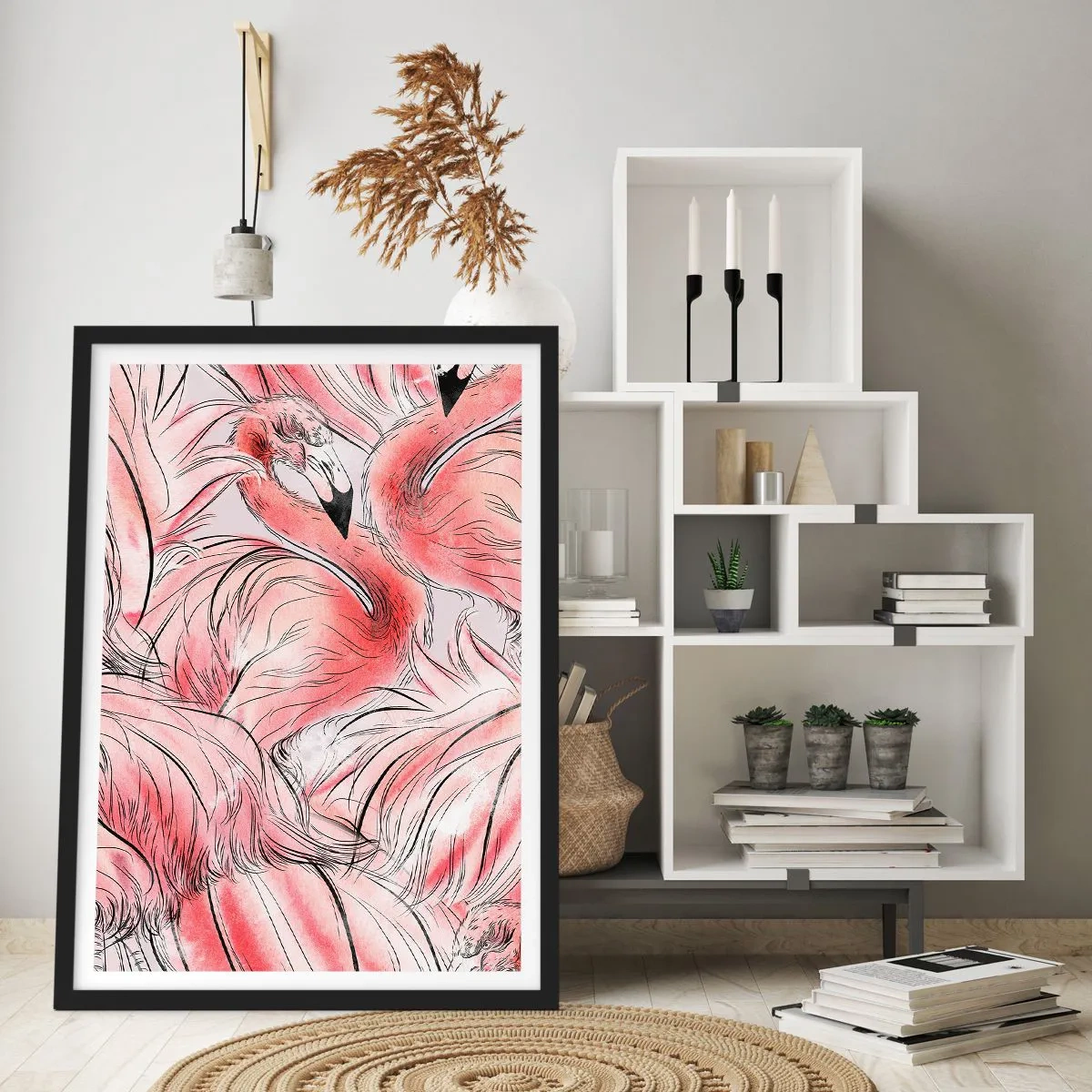 Poster in einem schwarzem Rahmen - Ein dezentes Flamingomuster in Rosatönen - 50x70cm - Bird Corps de Ballet - Moderne Wanddekoration für Wohnzimmer und Schlafzimmer ARTTOR