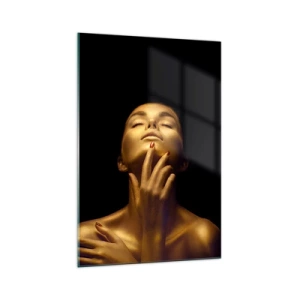 Glasbild - Bild auf glas - Porträt einer Frau in goldenem Glanz auf schwarzem Hintergrund - 70x100cm - Wie goldene Seide - Moderne Wanddekoration für Wohnzimmer und Schlafzimmer ARTTOR