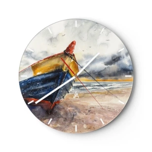 Wanduhr - Glasuhr - Ein buntes Boot an einem Sandstrand im malerischen Stil - 30x30cm - Erholung am Ufer - Moderne Wanddekoration für Wohnzimmer, Küche und Schlafzimmer ARTTOR