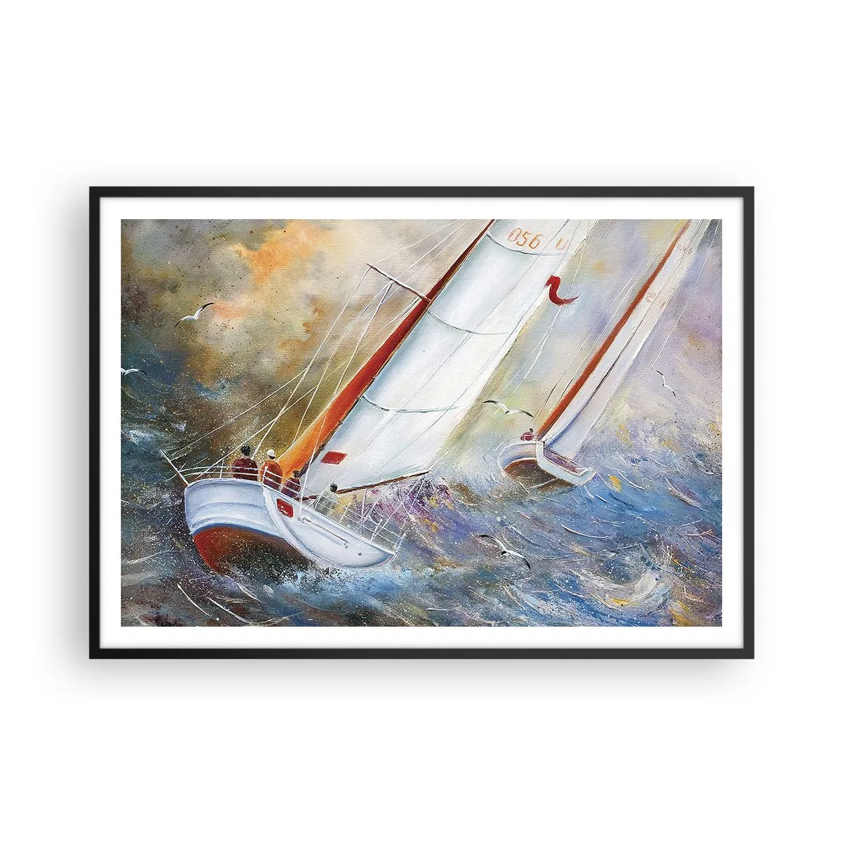 Poster in einem schwarzem Rahmen - Segelboote auf rauen Wellen in einer dynamischen Komposition - 100x70cm - Durch die Wellen laufend - Moderne Wanddekoration für Wohnzimmer und Schlafzimmer ARTTOR