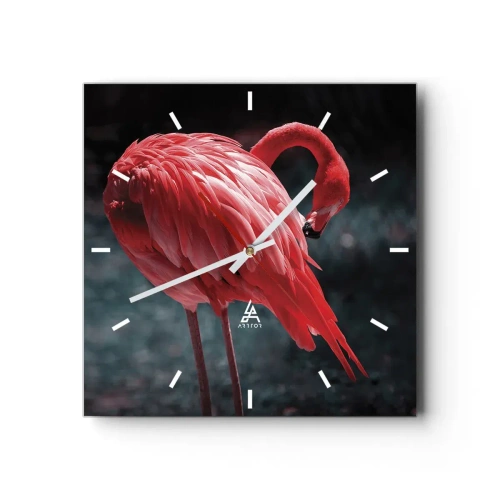 Wanduhr - Glasuhr - Ein rosa Flamingo auf dunkelgrünem Hintergrund - 30x30cm - Ein purpurrotes Gedicht der Natur - Moderne Wanddekoration für Wohnzimmer und Schlafzimmer ARTTOR