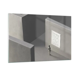 Glasbild - Bild auf glas - Kind in einem Labyrinth mit einem Rätselsymbol - 120x80cm - Aber wo bin ich? - Moderne Wanddekoration für Wohnzimmer und Schlafzimmer ARTTOR