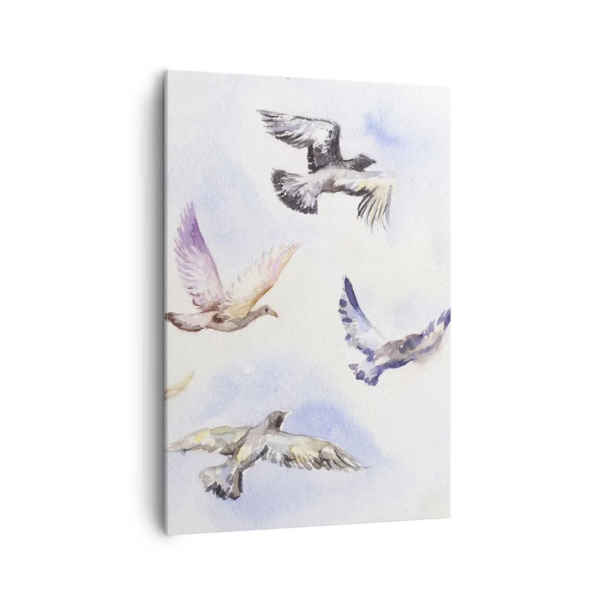 Bild auf Leinwand - Leinwandbild - Aquarellvögel im Flug vor einem zarten Himmel - 70x100cm - Freiheit in Grau und Blau - Moderne Wanddekoration für Wohnzimmer und Schlafzimmer ARTTOR