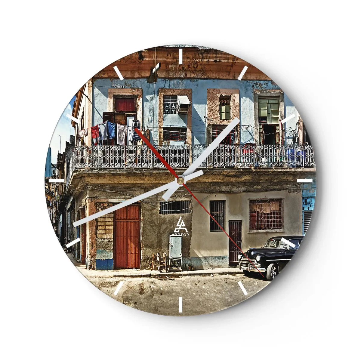 Wanduhr - Glasuhr - Die bunte Fassade eines Altbaus mit Balkon und Waschküche - 30x30cm - Havanna-Stimmung - Moderne Wanddekoration für Wohnzimmer, Küche und Schlafzimmer ARTTOR