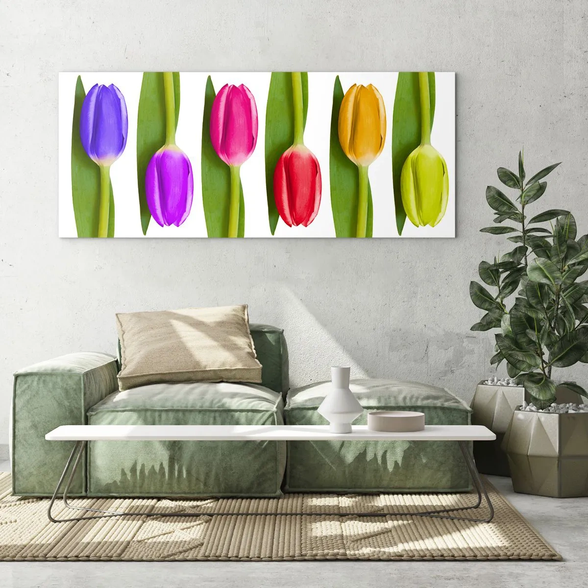 Glasbild - Bild auf glas - Bunte Tulpen in einer Reihe auf weißem Hintergrund angeordnet - 120x50cm - Regenbogenkomposition - Moderne Wanddekoration für Wohnzimmer und Schlafzimmer ARTTOR