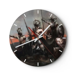 Wanduhr - Glasuhr - Eine Gruppe gepanzerter Krieger mit Schilden und Speeren in einer dynamischen Szene - 30x30cm - Mit oder auf einem Schild - Moderne Wanddekoration für Wohnzimmer, Küche und Schlafzimmer ARTTOR