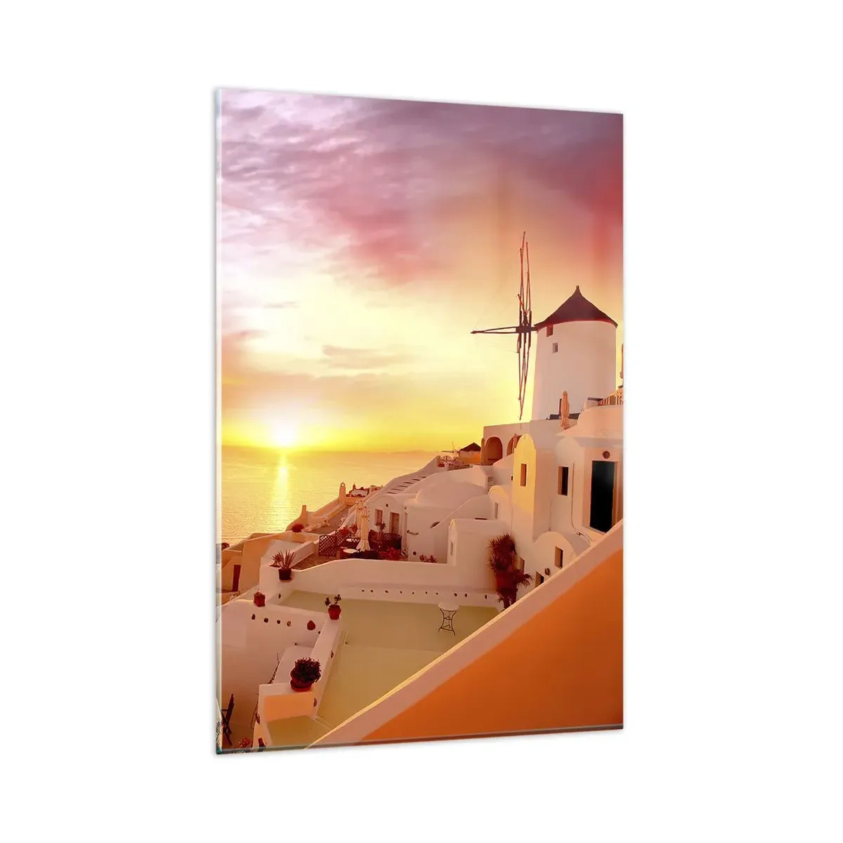 Glasbild - Bild auf glas - Santorini bei Sonnenuntergang mit einer Windmühle - 80x120cm - In Weiß und Gold schmelzen - Moderne Wanddekoration für Wohnzimmer und Schlafzimmer ARTTOR