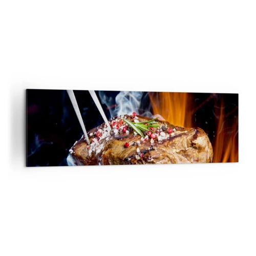 Bild auf Leinwand - Leinwandbild - Gegrilltes Steak auf einem Grill mit Gewürzen - 160x50cm - Saftig und duftend - Moderne Wanddekoration für Wohnzimmer und Schlafzimmer ARTTOR