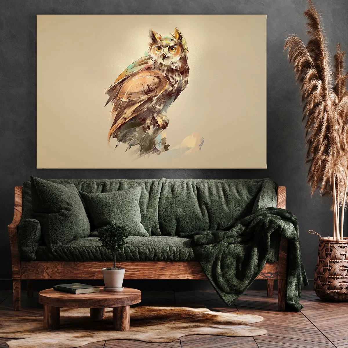 Bild auf Leinwand - Leinwandbild - Künstlerisches Porträt einer Eule vor hellem Hintergrund in warmen Farbtönen. - 70x50cm - Die klügste Eule - bestätigt den Eichenwald - Moderne Wanddekoration für Wohnzimmer und Schlafzimmer ARTTOR