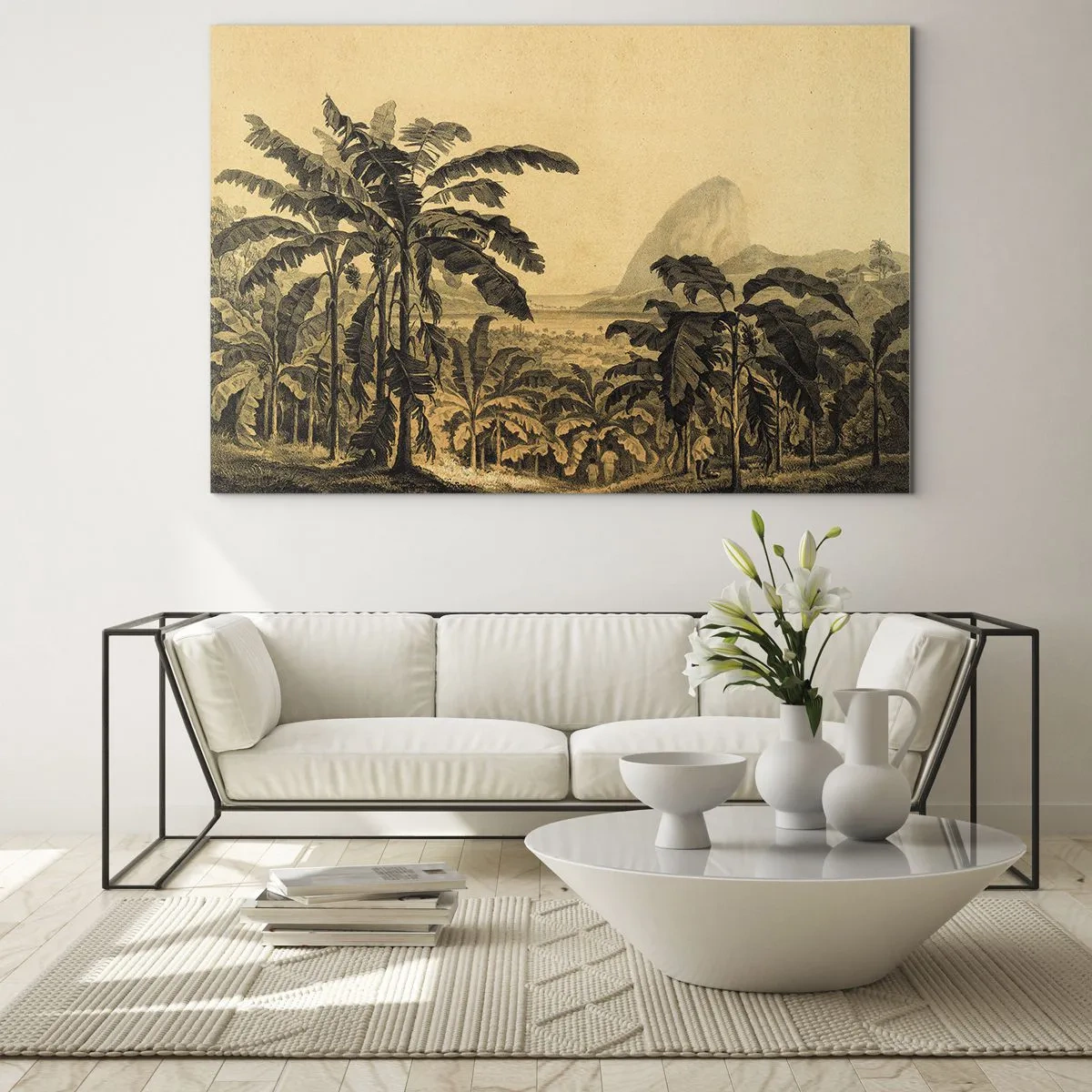Glasbild - Bild auf glas - Eine Vintage-Illustration einer Bananenplantage mit einem entfernten Berg im Hintergrund. - 70x50cm - in einem kolonialen Klima - Moderne Wanddekoration für Wohnzimmer und Schlafzimmer ARTTOR