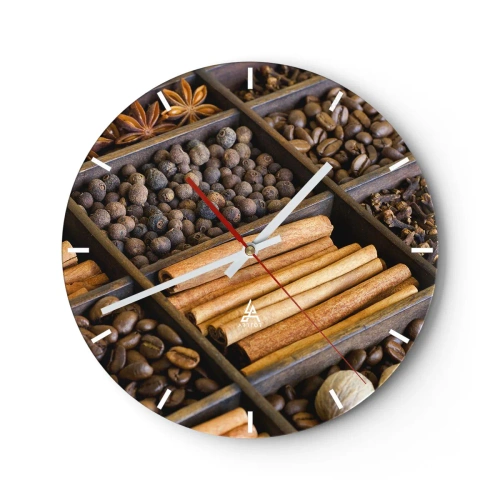 Wanduhr - Glasuhr - Holztrennwand mit verschiedenen Gewürzen und Kaffee - 30x30cm - Eine Fundgrube an Aromen - Moderne Wanddekoration für Wohnzimmer, Küche und Schlafzimmer ARTTOR