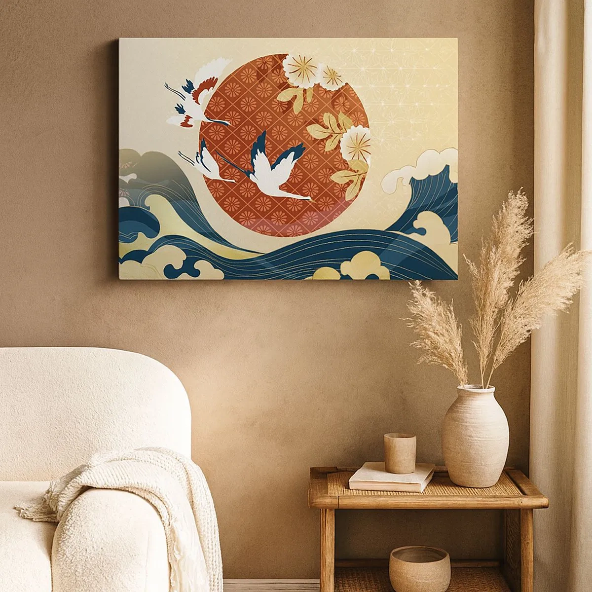 Bild auf Leinwand - Leinwandbild - Japanische Komposition mit Kranichen und Wellen - 70x50cm - Japanisches Märchen - Moderne Wanddekoration für Wohnzimmer und Schlafzimmer ARTTOR