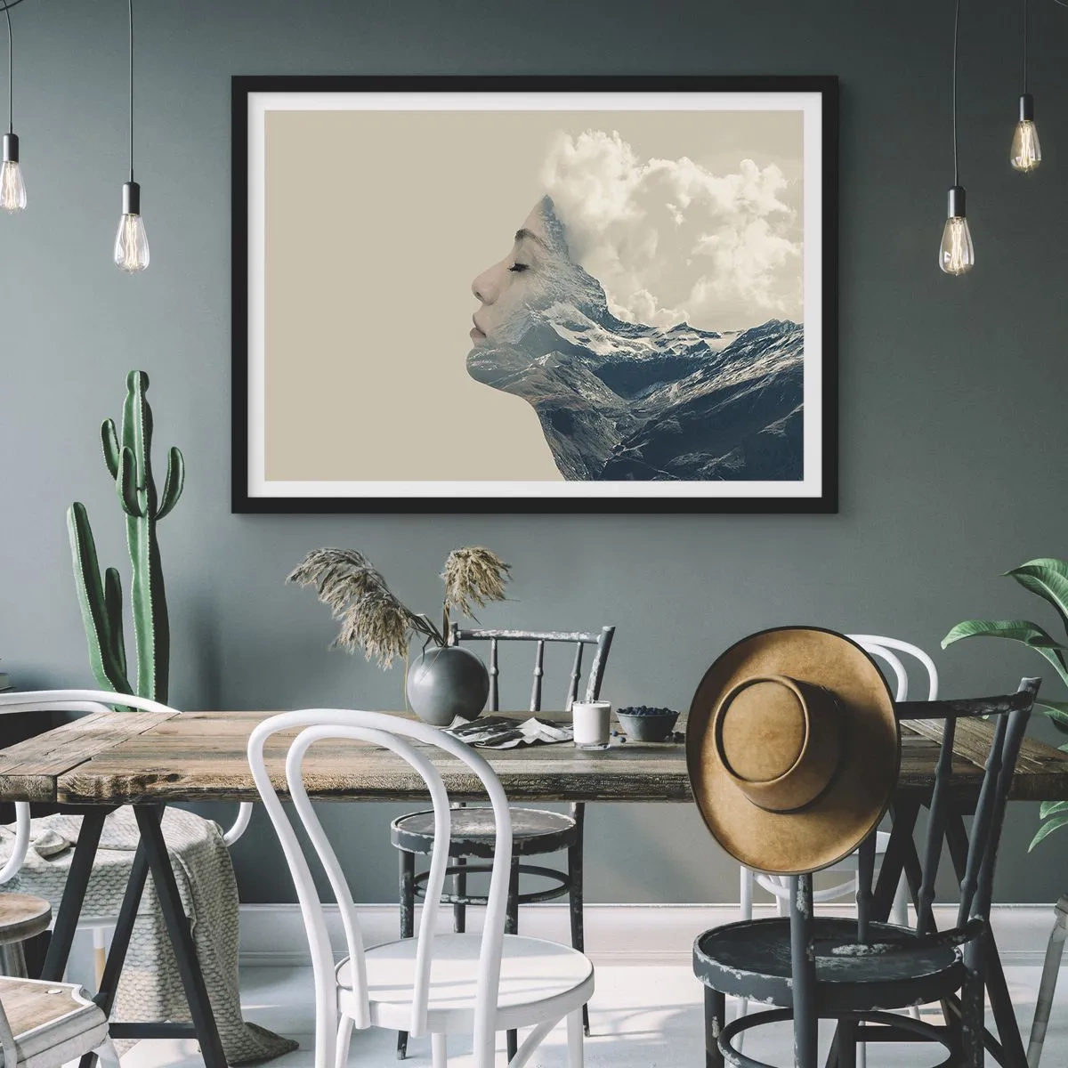 Poster in einem schwarzem Rahmen - Silhouette einer Frau mit einer Berglandschaft im Hintergrund - 70x50cm - Die Schönheit der Elemente der Natur - Moderne Wanddekoration für Wohnzimmer und Schlafzimmer ARTTOR