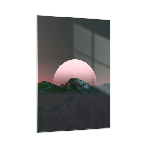 Glasbild - Bild auf glas - Abstrakte Landschaft mit geometrischen Bergen und einer rosa Sonne. - 50x70cm - In einer Nachbargalaxie - Moderne Wanddekoration für Wohnzimmer und Schlafzimmer ARTTOR