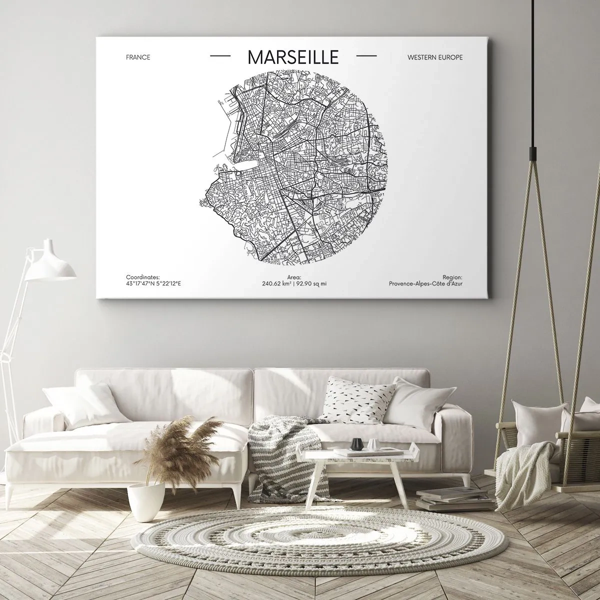 Bild auf Leinwand - Leinwandbild - Karte von Marseille im minimalistischen Stil - 120x80cm - Anatomie von Marseille - Moderne Wanddekoration für Wohnzimmer und Schlafzimmer ARTTOR
