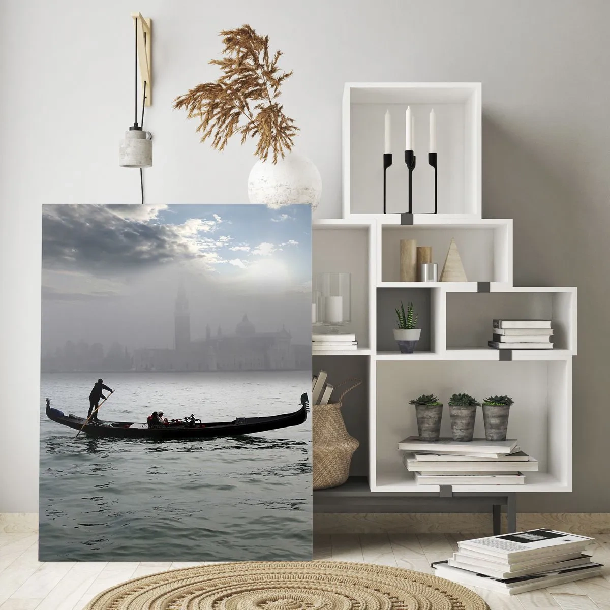 Glasbild - Bild auf glas - Gondel auf den Gewässern von Venedig an einem nebligen Morgen - 50x70cm - Eine fabelhafte Stadt aus Wasser und Nebel - Moderne Wanddekoration für Wohnzimmer und Schlafzimmer ARTTOR
