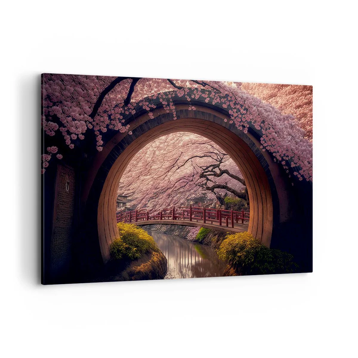 Bild auf Leinwand - Leinwandbild - Eine traditionelle japanische Brücke, umgeben von Kirschblüten - 120x80cm - Japanischer Frühling - Moderne Wanddekoration für Wohnzimmer und Schlafzimmer ARTTOR