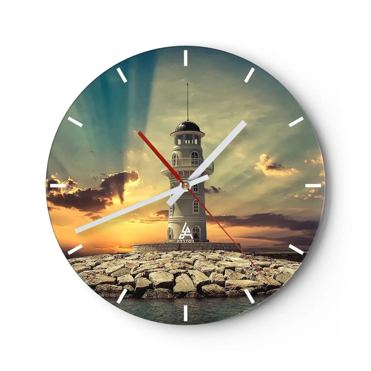 Wanduhr - Glasuhr - Leuchtturm vor der Kulisse des Sonnenuntergangs - 30x30cm - Licht - Gut - Schönheit - Moderne Wanddekoration für Wohnzimmer, Küche und Schlafzimmer ARTTOR
